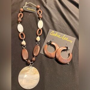 Cookie Lee- mother of pearl and brown necklace and earrings